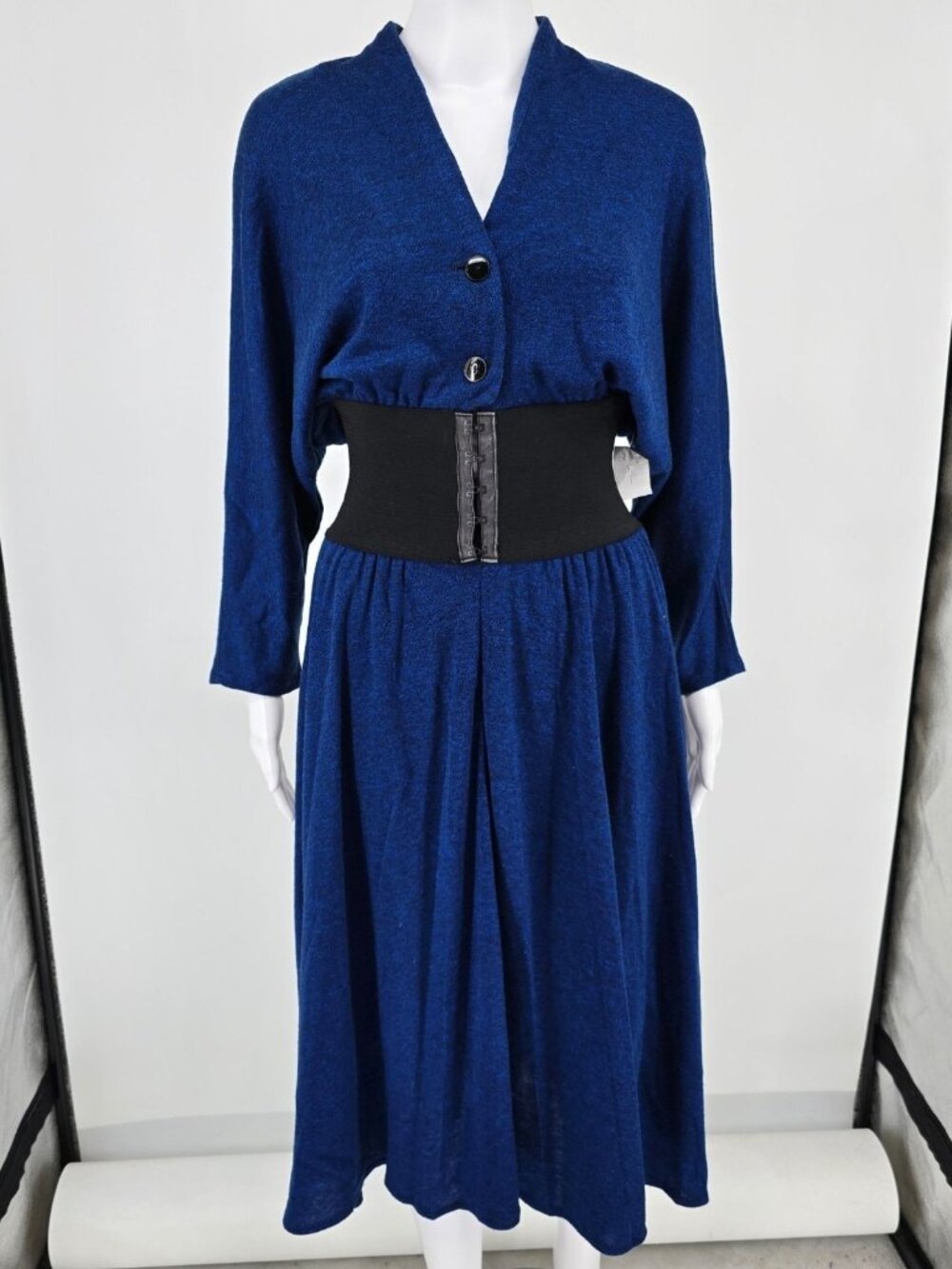 Vintage 1980s Dawn Joy Fashions Cobalt Blue Knit Midi Dress (Juniors S/M)